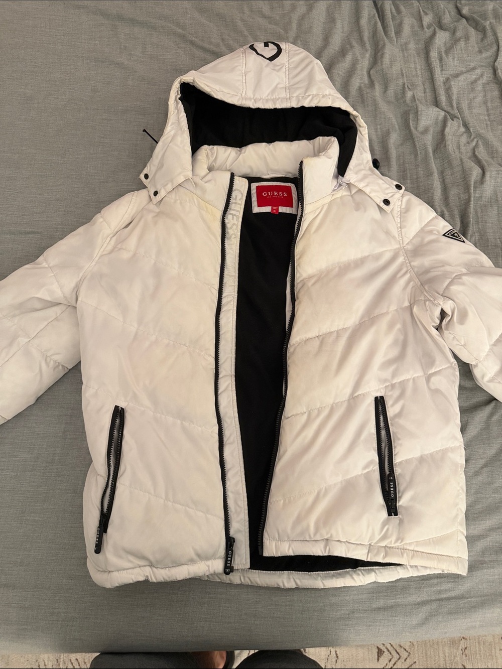 GUESS White Puffer Jacket with Black Trim and Hood